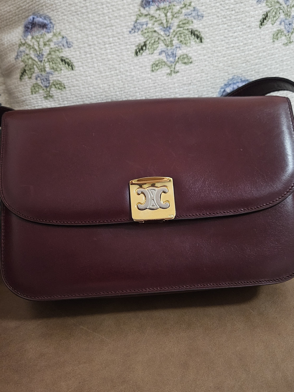 Celine Triomphe Lock Front Flap Shoulder Bag in Burgundy Leather